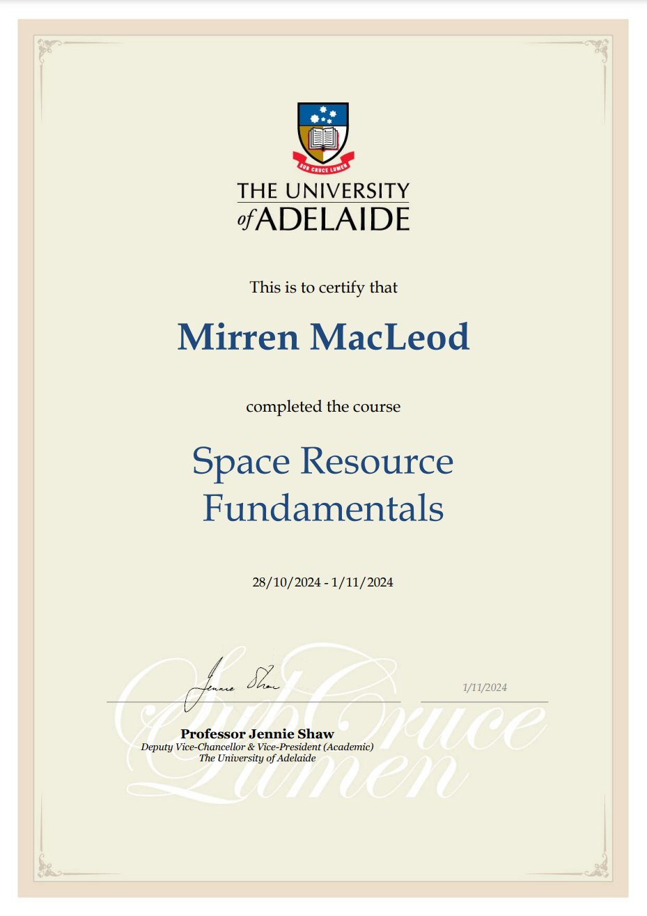 Space Resource Fundamentals Course Certificate